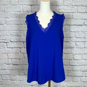 Women's L Blue Lace Trim V Neck Sleeveless Blouse Chiccore Minimal